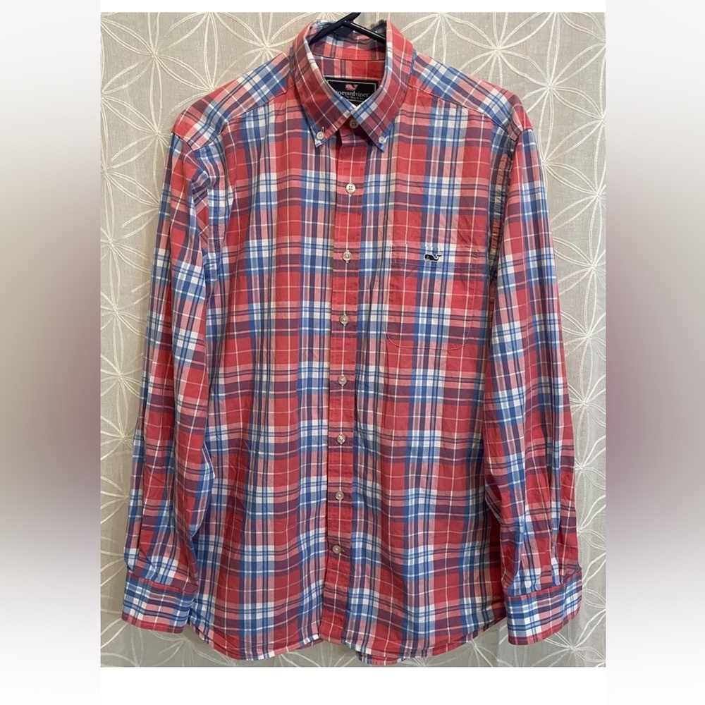 Vineyard Vines Men’s Large Plaid Pink Blue White Button Down Slim Fit Shirt
